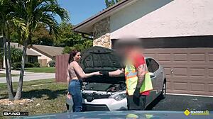 Can Slay Kay really fuck in her boyfriend's garden to fix her car? She bends over doggystyle for his big cock.