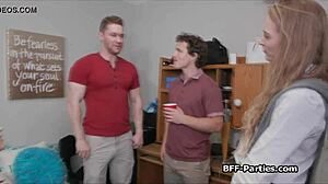 College coeds in dorm throw a wild foursome blowjob party with uniforms
