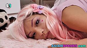 Petite Asian teen Sami Parke in pink cosplay costume gets bareback assfucking and spanking by big cock guy.