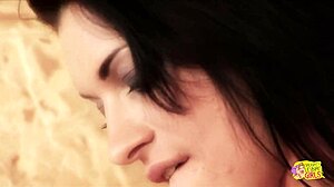 a blonde cowgirl discovers a brunette in her barn and they share intimate lesbian cosplay moments with toys and kissing