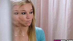 Blonde step mom licks and fucks teen step daughter in bathroom secretly with old and young lesbian taboo action.