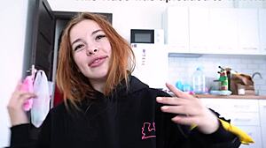 Redhead teen babe delivers deepthroat blowjob and curvy positions in homemade casting interview