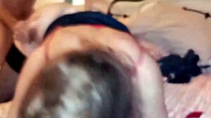 white slut in blue satin dress, satin thong, stockings, heels does doggy style blowjob rimming