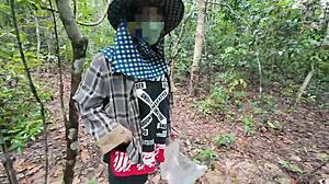 hey, thai girl walks and chats while picking mushrooms in the forest... wanna see her cute cosplay ass flash deep in nature?