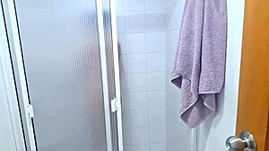 I masturbate spying on stepsister in shower but she spots me and craves my cock