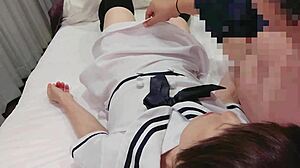 Petite Asian Student In Uniform And Fishnets Rides Cowgirl For Creampie Orgasm In Cosplay Sex