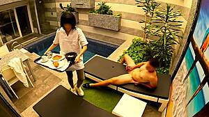 i jerk off in the private pool when the room service girl brings me breakfast and helps me by giving me a blowjob... oops, caught!