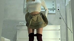 This hot girl with tight shaved pussy and big tits joins casting for pantyhose academy porn shoot