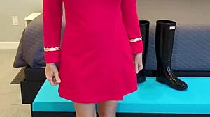 Boldly going with petite redhead in boots and dress roleplay