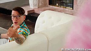 Busty milf dives into sloppy blowjob and footjob on big cock for lazy husband!