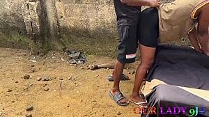 outdoor chair sex with naughty uganda girlfriend on first naija visit ends in big ass oiled creampie