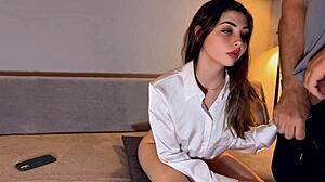 Petite teen hijastra in thong waits for boyfriend but ends up with gordo friki padrastro in cute blowjob scene.