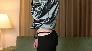 Hazel Ash Models Shiny Button Down With Yoga Pants Leggings