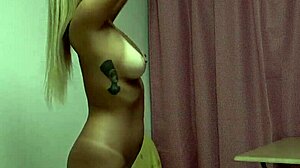 Tanned Japanese girl in uniform strips from natural tits wedgie g-string mini skirt white socks to naked