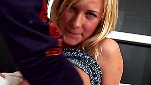 this beautiful blonde teen kathy seeger caught my eye as she gave her stepdad a close-up pov handjob with cum on face