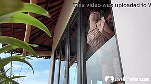 Blonde in fishnets bent over for doggystyle and blowjob in early morning