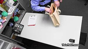 dildo stealing duo blows security officers dick in office with petite teen and milf threesome