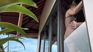 Blonde in fishnets bent over for doggystyle and blowjob in early morning