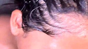 Sexy ebony teen sucks big black cock before bathroom fucking