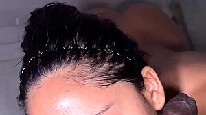 Sexy ebony teen sucks big black cock before bathroom fucking