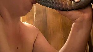 bbw gets blindfolded and starts gagging with puking on monster dildo for 15 minutes