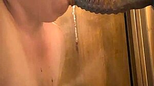 bbw gets blindfolded and starts gagging with puking on monster dildo for 15 minutes