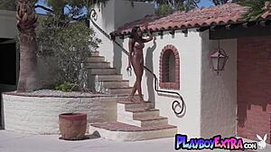 Ebony teen 18+ Amber Rose strips off her tiny bikini and cools down outdoors 😎