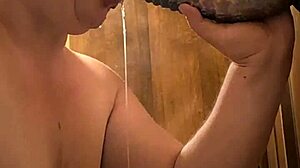 bbw gets blindfolded and starts gagging with puking on monster dildo for 15 minutes