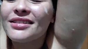 Threesome surprise at husband's friend's house contrasts with intense pussy pounding