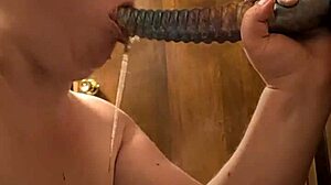 bbw gets blindfolded and starts gagging with puking on monster dildo for 15 minutes
