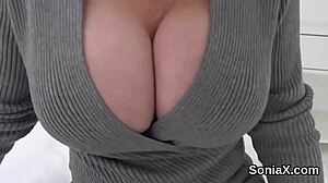 unfaithful english milf lady sonia flaunts her massive tits in lingerie at wedding