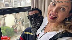 Hey, watch this married milf fulfill her fantasy of banging two strangers while her cuckold husband films the interracial orgy action