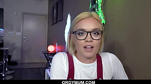 This hot cougar mommy blows her stepson in a steamy threesome while stepsis watches the action.