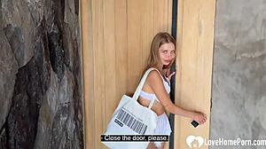 Picking up blonde hottie from station for bent over doggystyle and blowjob in lingerie outdoors!