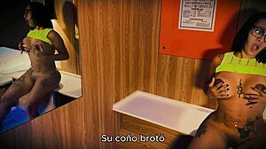 Whoa, this sexy athletic ebony stepmom is masturbating in lingerie while her stepson spies on her tight wet pussy