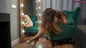 pretty brunette kamilla in miniskirt and pantyhose teases with shaved pussy close-ups and cumshot facial in heels