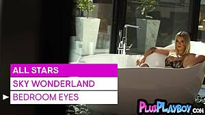 Beautiful blonde teen 18+ model poses passionately in sexy black lingerie.