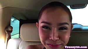 Shaved Asian ladyboy with ponytail gets rimmed and ass pounded