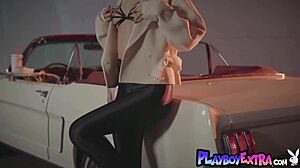 Hey check out petite teen 18+ blondie Polina stripping to show her shaved pussy in vintage car