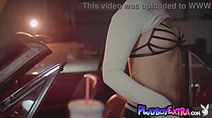 Hey check out petite teen 18+ blondie Polina stripping to show her shaved pussy in vintage car