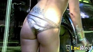 Louana starts with a sexy carwash, then rides in cowgirl before bending over for hardcore doggystyle pounding and cumshot.