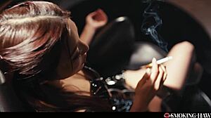 Hey, check out this Japanese girl doing dirty talk while smoking and blowing on a thick cock