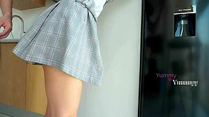 I peek under my schoolmate's skirt, take her home, and cum on her cute ass cheeks