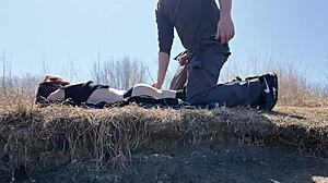 step daughter learning to fish in forest with bent over doggystyle outdoor close up