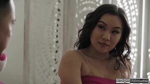 Petite asian stepcousin dares to deepthroat uncut cock in hairy pussy domination