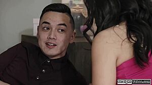 Petite asian stepcousin dares to deepthroat uncut cock in hairy pussy domination