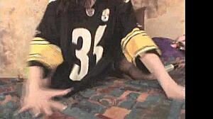 Curly haired amateur with glasses fucks homemade toy deeply.