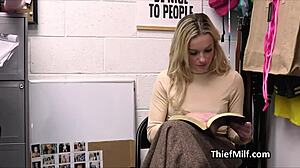 Milf caught with stolen dildos kneels for blowjob in office hidden cam