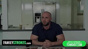 Familystrokes sneaky stepdad fingers stepdaughter's juicy pussy in doggystyle sex next to wife.