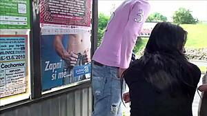 Public Gangbang Threesome Sex with Busty Girl by Busy Highway